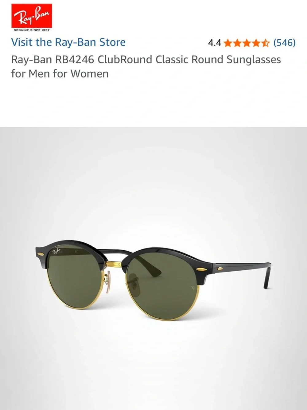 Ray-Ban Clubround Black & Gold Sunglasses with Green Lenses RB4246